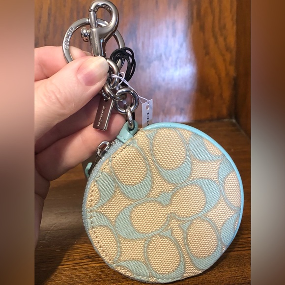 NWT-Coach-Circular Coin Pouch/Keyfob/Charm-Signature Jacquard-Faded Blue-$128 - Picture 1 of 14